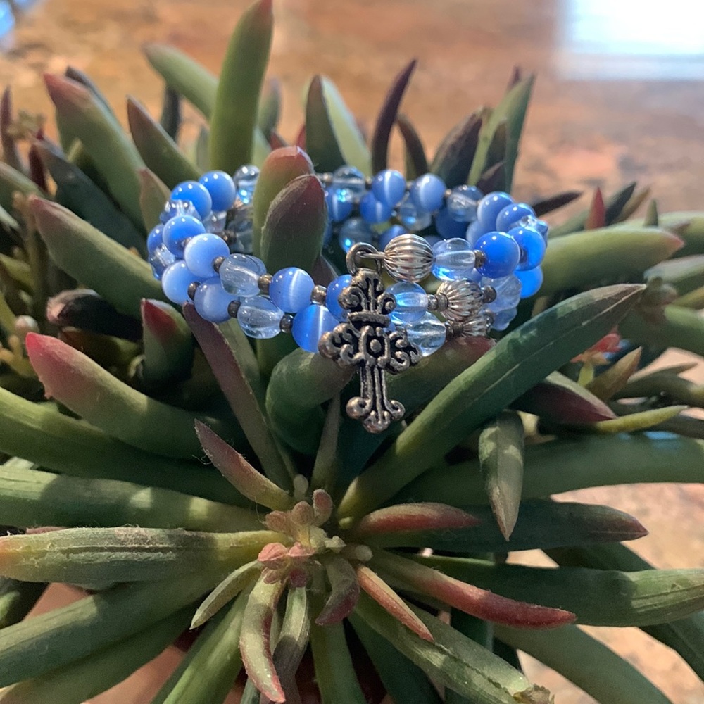 Blue Tiger Eye Bead Style Coil Bracelet with Heart and Cross Charms